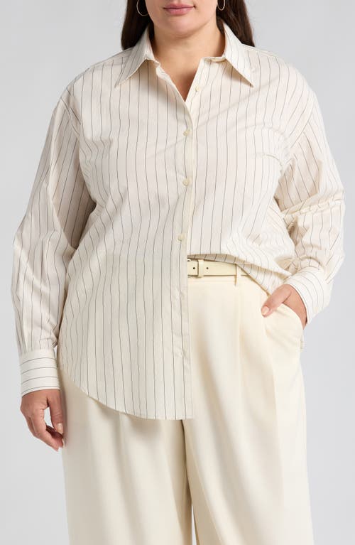 Nordstrom Pinstripe Button-up Shirt In Ivory- Black Penny Stripe