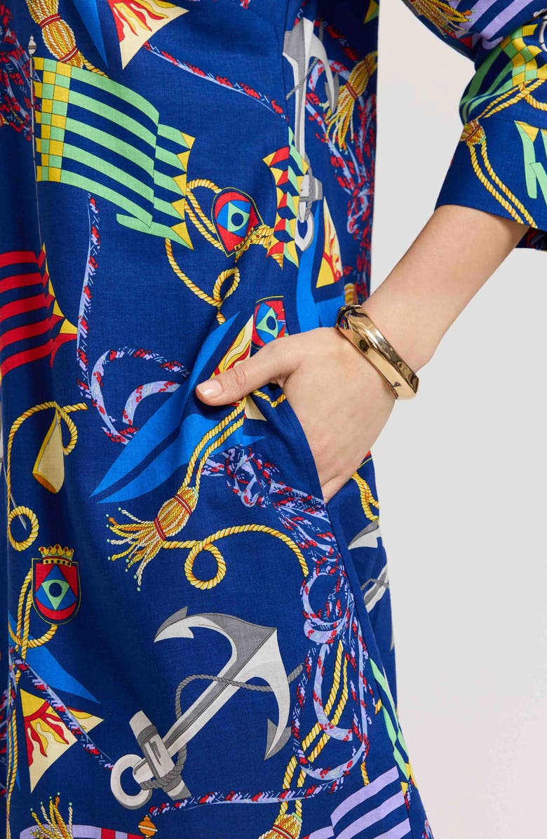 Foxcroft Sloane Nautical Print Linen Blend Shirtdress, Alternate, color, Navy Multi
