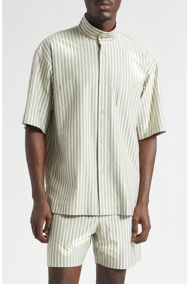 Stripe Short Sleeve Stand Collar Cotton Button-Up Shirt, Main, color, GREEN