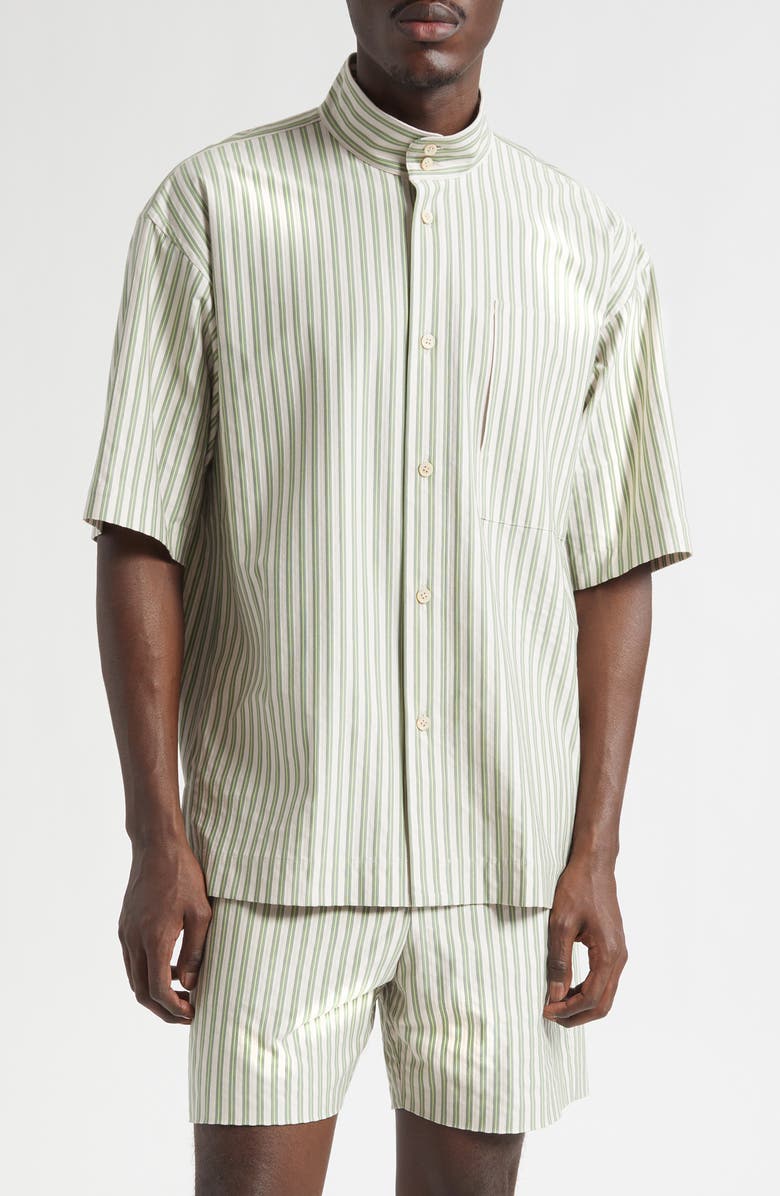 Homme Plissé Issey Miyake Stripe Short Sleeve Stand Collar Cotton Button-Up Shirt, Main, color, Green