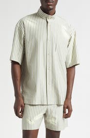 Homme Plissé Issey Miyake Stripe Short Sleeve Stand Collar Cotton Button-Up Shirt