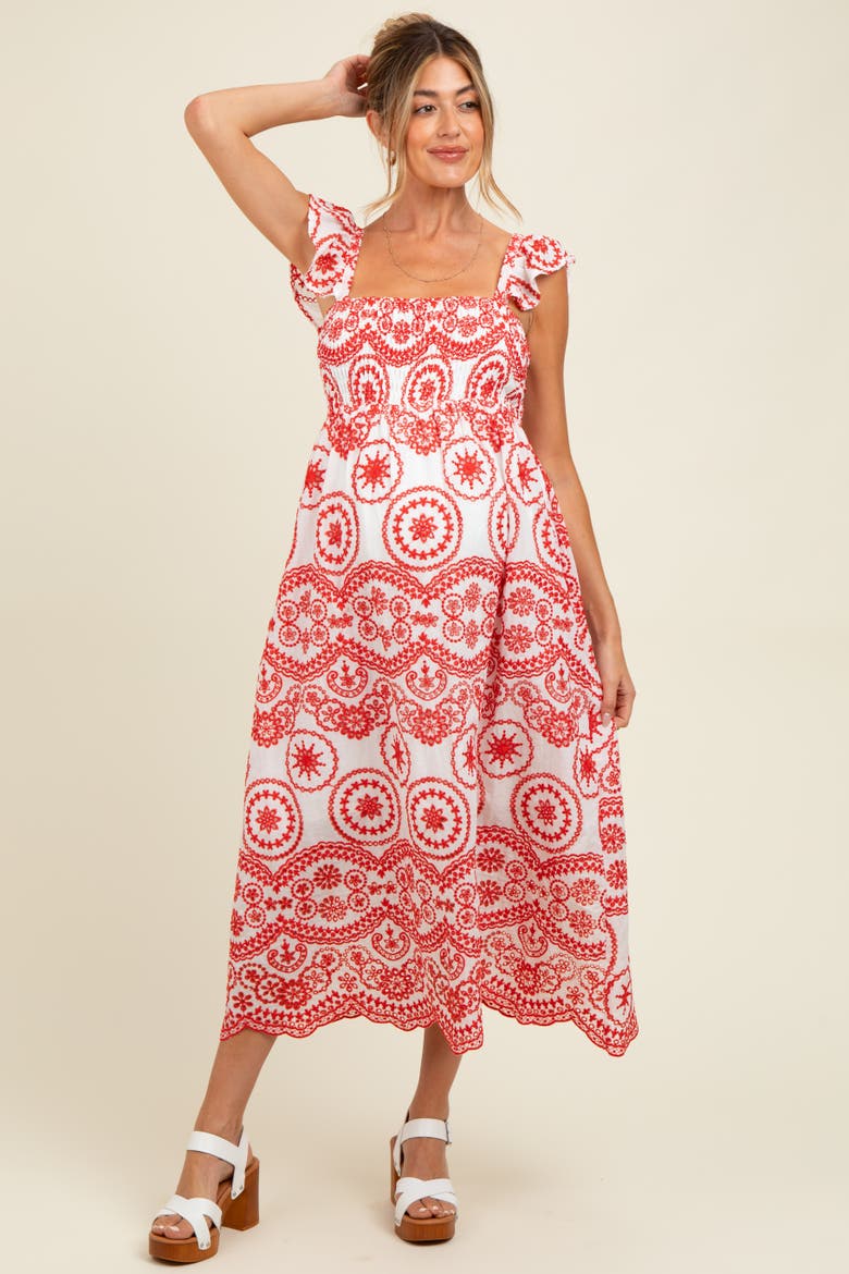 Embroidered Smocked Cutout Midi Dress, Main, color, Red