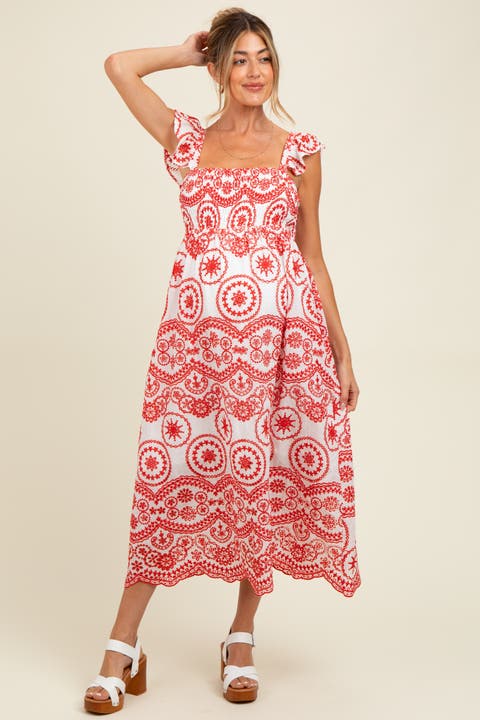 Embroidered Smocked Cutout Midi Dress