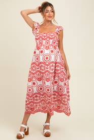 PinkBlush Embroidered Smocked Cutout Midi Dress