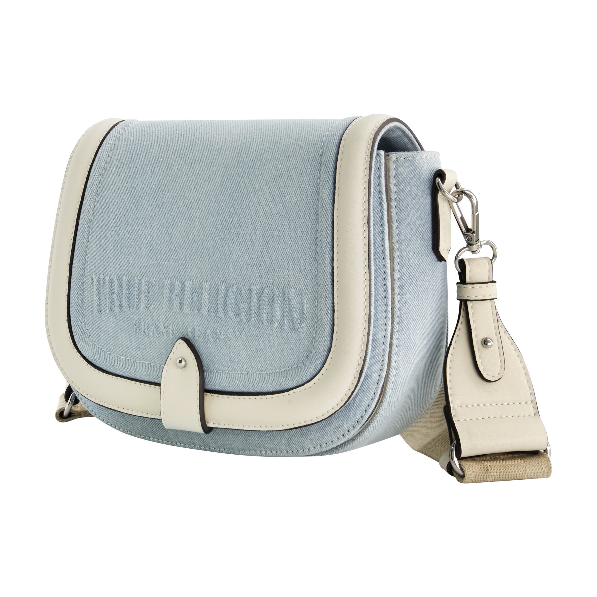 True Religion Distressed Logo Denim Saddle Bag, Alternate, color, Light Blue