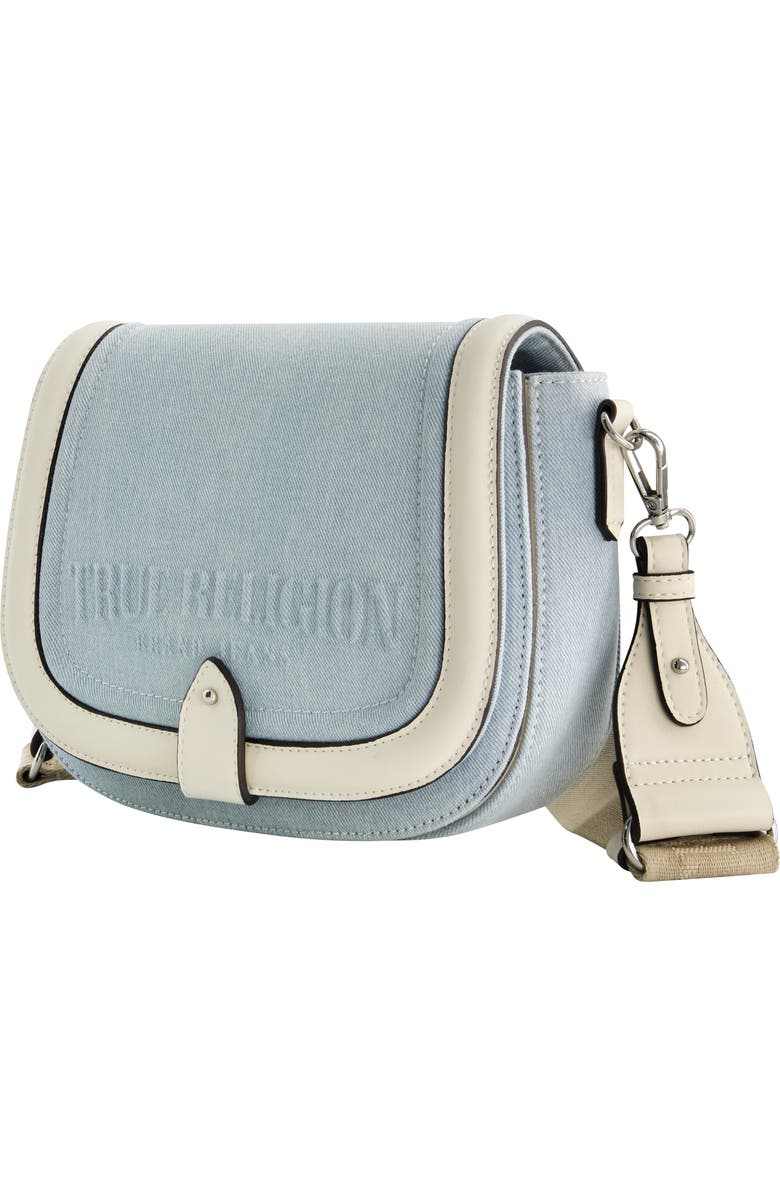 True Religion Distressed Logo Denim Saddle Bag, Alternate, color, Light Blue