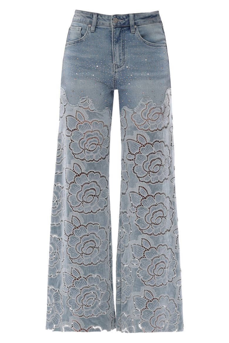 Rhinestone High Waist Wide Leg Eyelet Jeans, Alternate, color, RETRO LIGHT BLUE