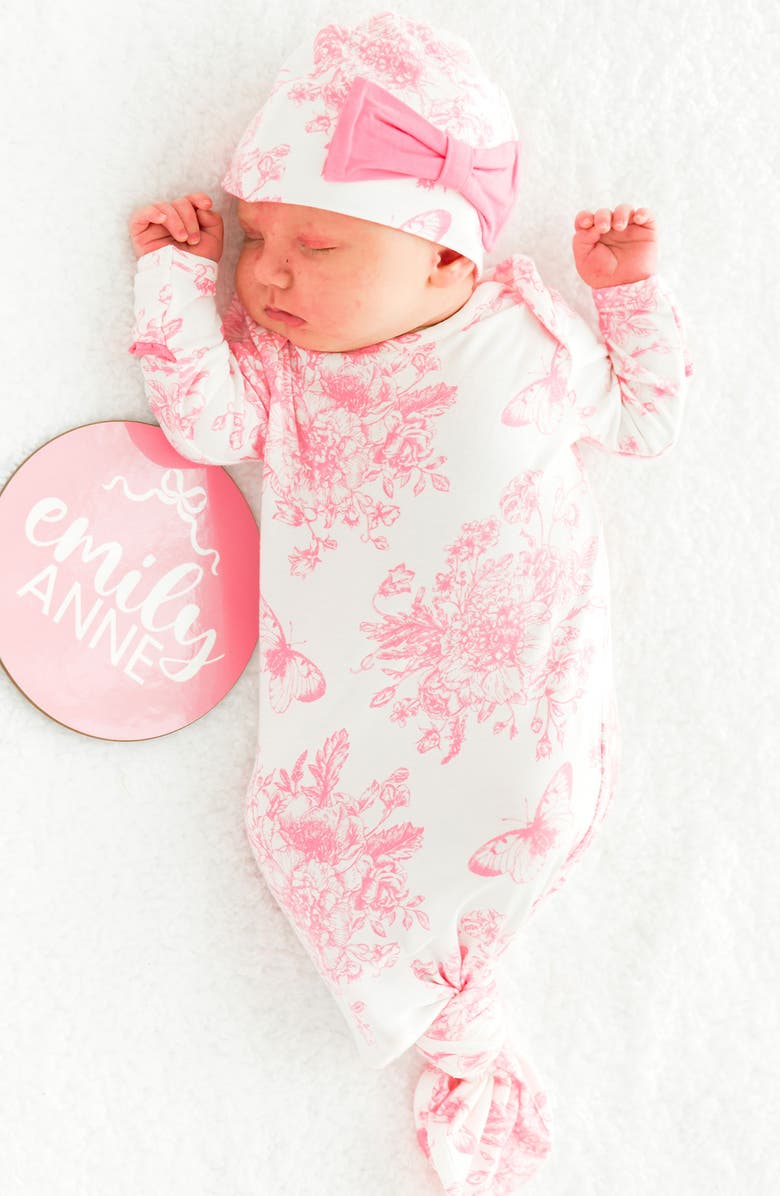 RuffleButts Knotted Gown & Hat Set, Alternate, color, White/Pink