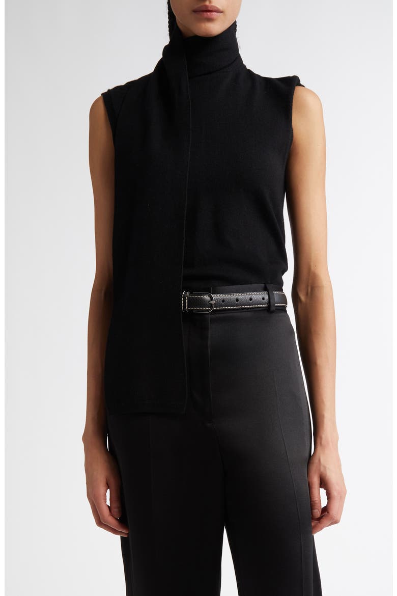 Draped Scarf Sleeveless Merino Wool Blend Rib Sweater, Main, color, BLACK