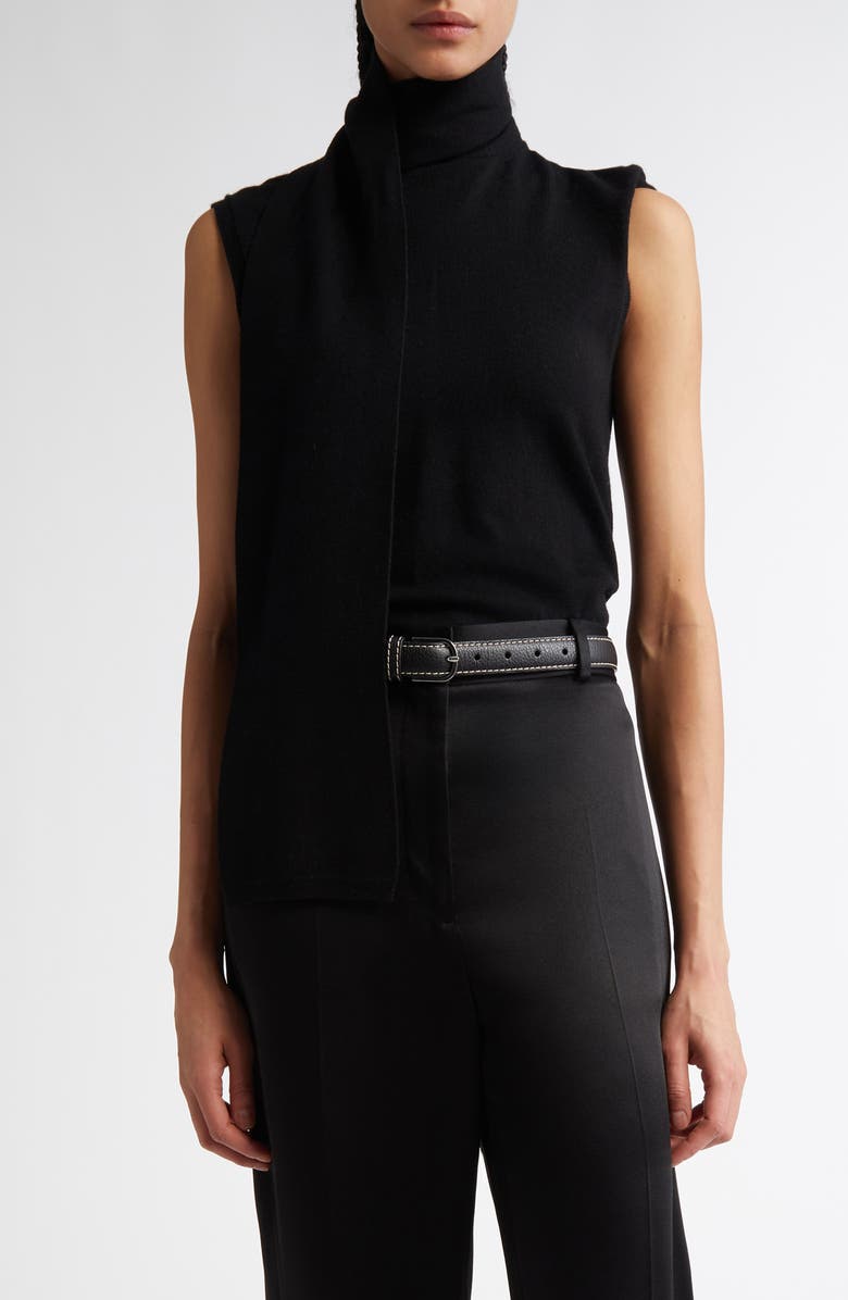 TOTEME Draped Scarf Sleeveless Merino Wool Blend Rib Sweater, Main, color, Black