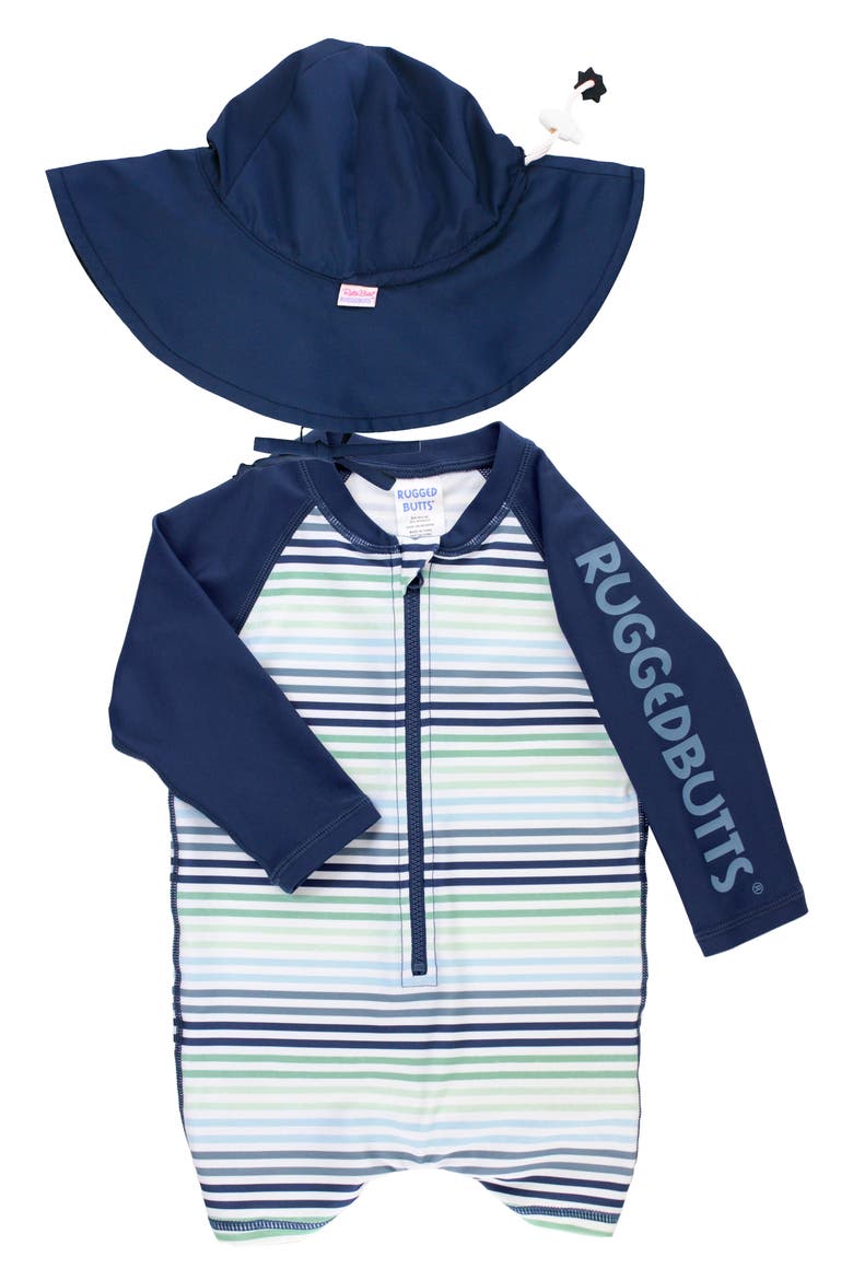 Coastal Stripe One-Piece Rashguard Swimsuit & Hat Set, Main, color, COASTAL STRIPE