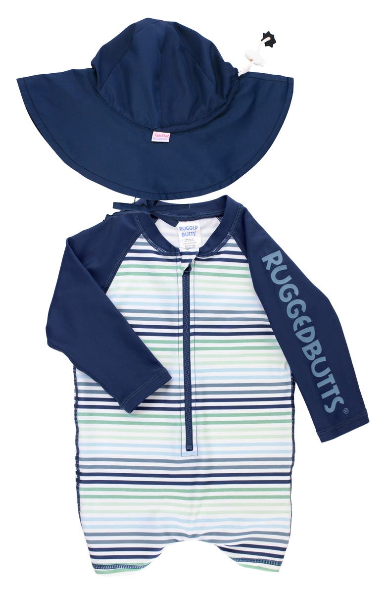 RuggedButts Coastal Stripe One-Piece Rashguard Swimsuit & Hat Set, Main, color, Coastal Stripe