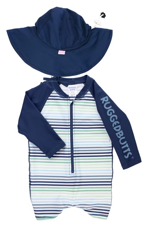 Coastal Stripe One-Piece Rashguard Swimsuit & Hat Set (Baby)