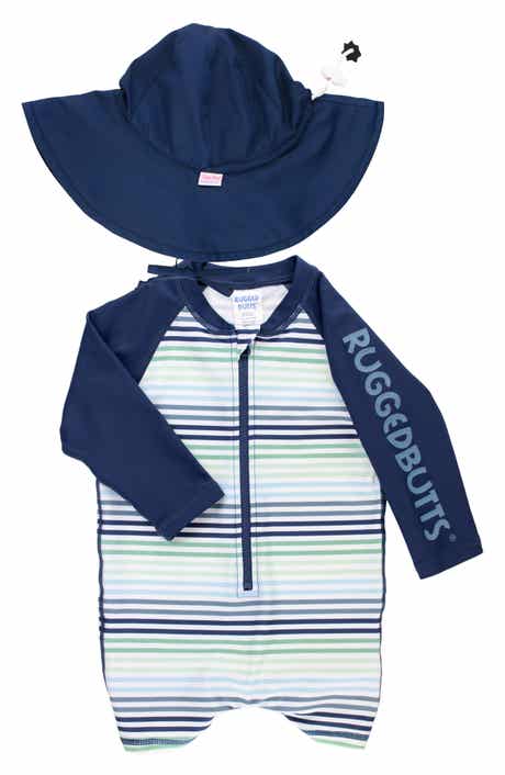 Coastal Stripe One-Piece Rashguard Swimsuit & Hat Set