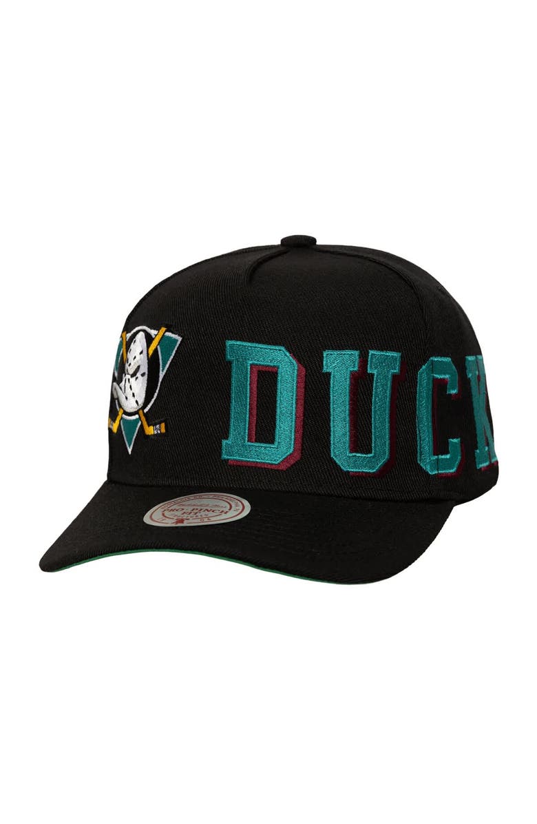 Mitchell & Ness Men's Mitchell & Ness Black Anaheim Ducks Busted Logo Wordmark Wrap-Around Pro Pinch Adjustable Hat, Main, color, Black