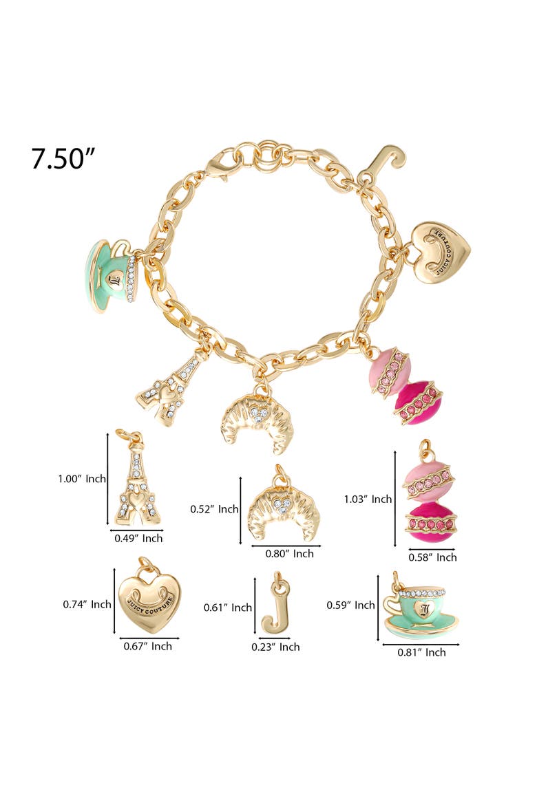 Paris Travel Charm Bracelet, Macaron, Croissant, Alternate, color, Gold Tone