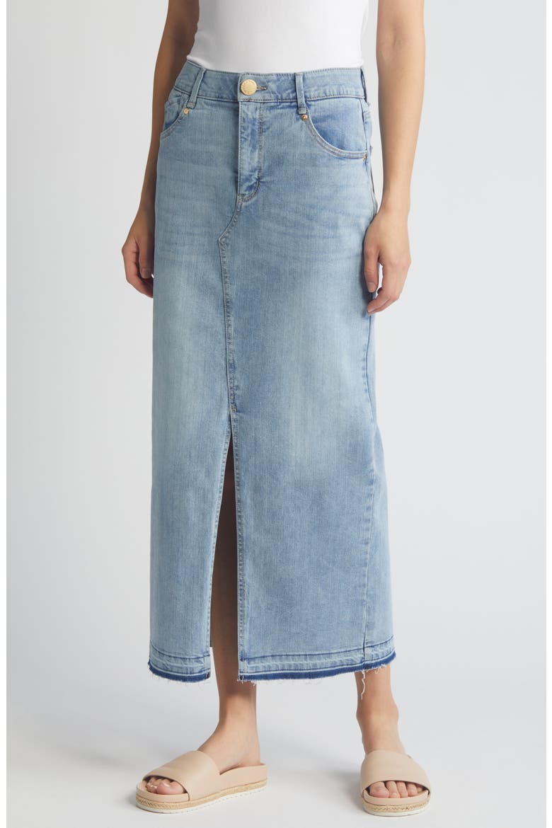 'Ab'Solution Skyrise Raw Hem Denim Maxi Skirt, Main, color, LIGHT BLUE