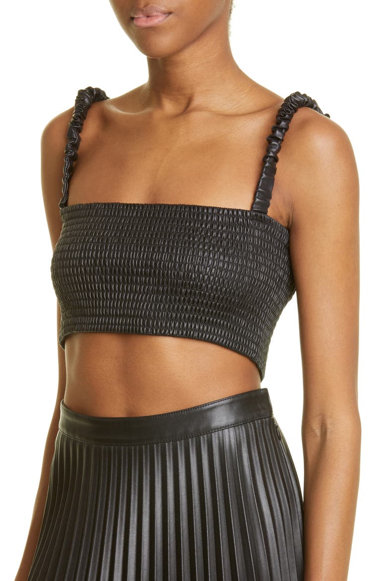 Smocked Faux Leather Crop Top, Alternate, color, BLACK