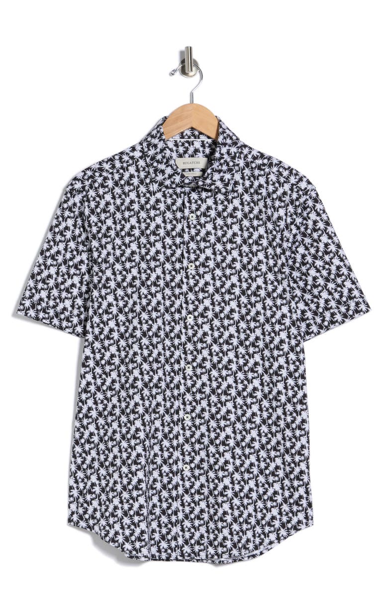 Bugatchi OoohCotton<sup>®</sup> Palm Tree Print Short Sleeve Button-Up Shirt, Main, color, Black