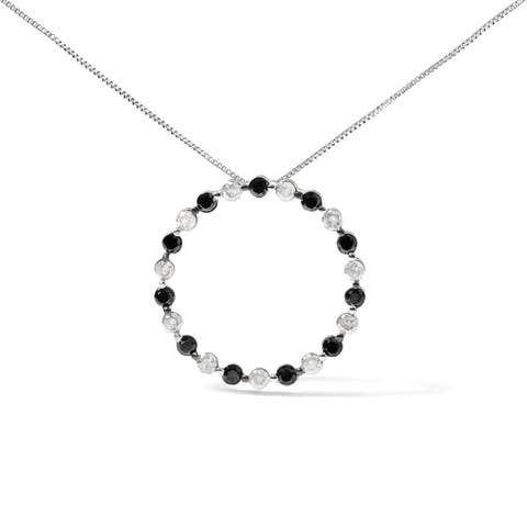 Silver 1 3/4 Cttw Black and White Diamond Open Circle Hoop Pendant Necklace