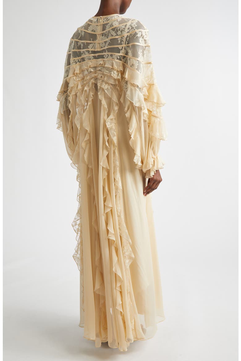 Rebellion Splice Long Sleeve Lace Ruffle Silk Maxi Dress, Alternate, color, CREAM
