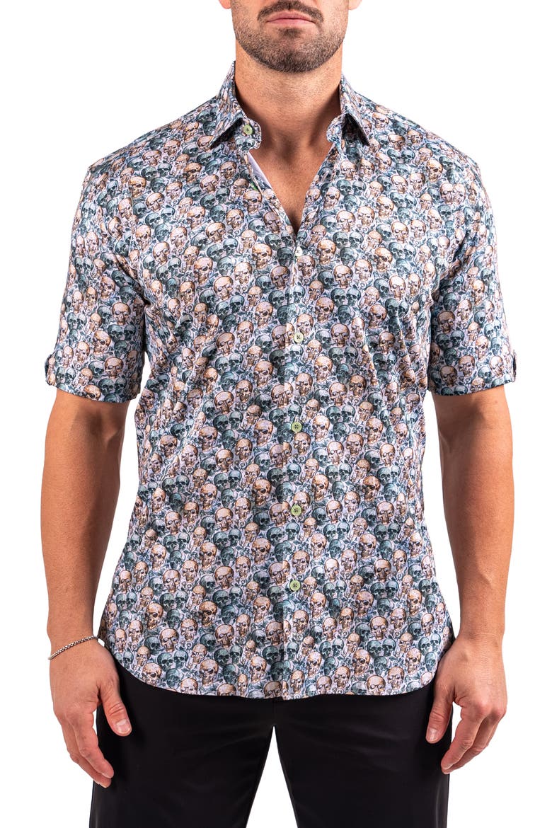 Galileo Resistance0335 Yellow Skull Print Short Sleeve Cotton Button-Up Shirt, Main, color, YELLOW