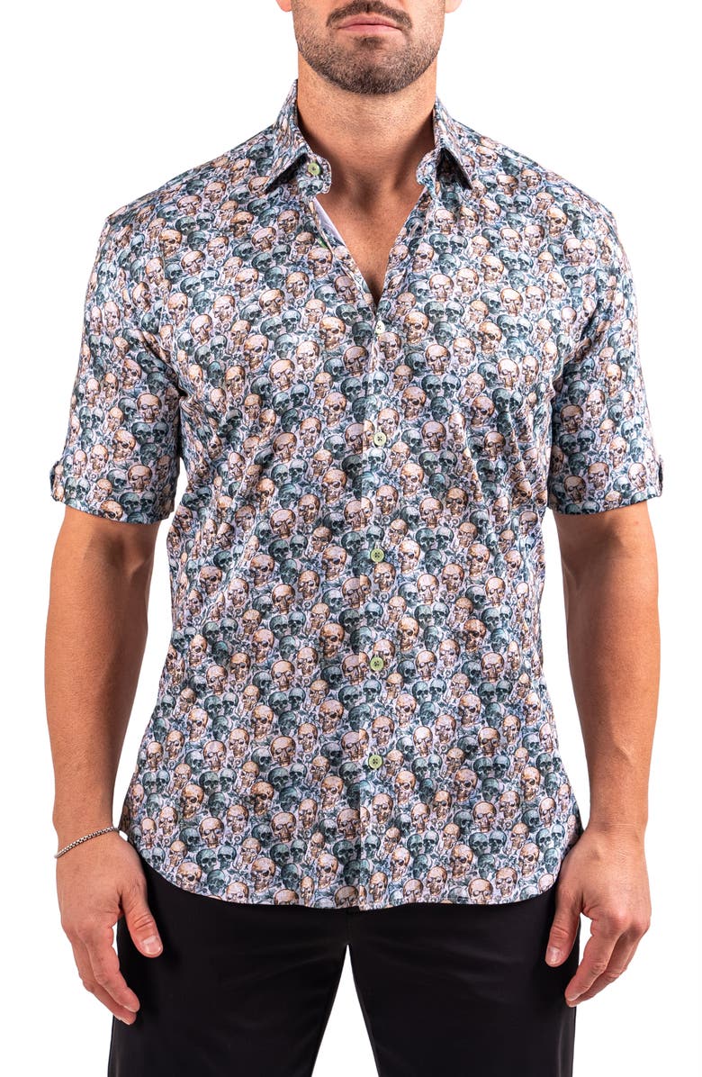 Maceoo Galileo Resistance0335 Yellow Skull Print Short Sleeve Cotton Button-Up Shirt, Main, color, Yellow