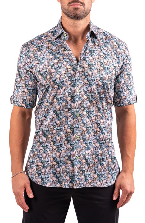 Galileo Resistance0335 Yellow Skull Print Short Sleeve Cotton Button-Up Shirt