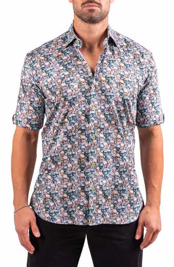 Maceoo Galileo Resistance0335 Yellow Skull Print Short Sleeve Cotton Button-Up Shirt