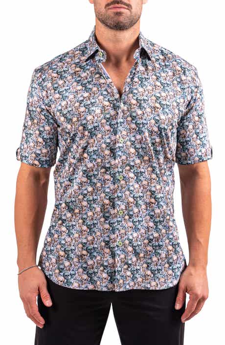 Maceoo Galileo Resistance0335 Yellow Skull Print Short Sleeve Cotton Button-Up Shirt