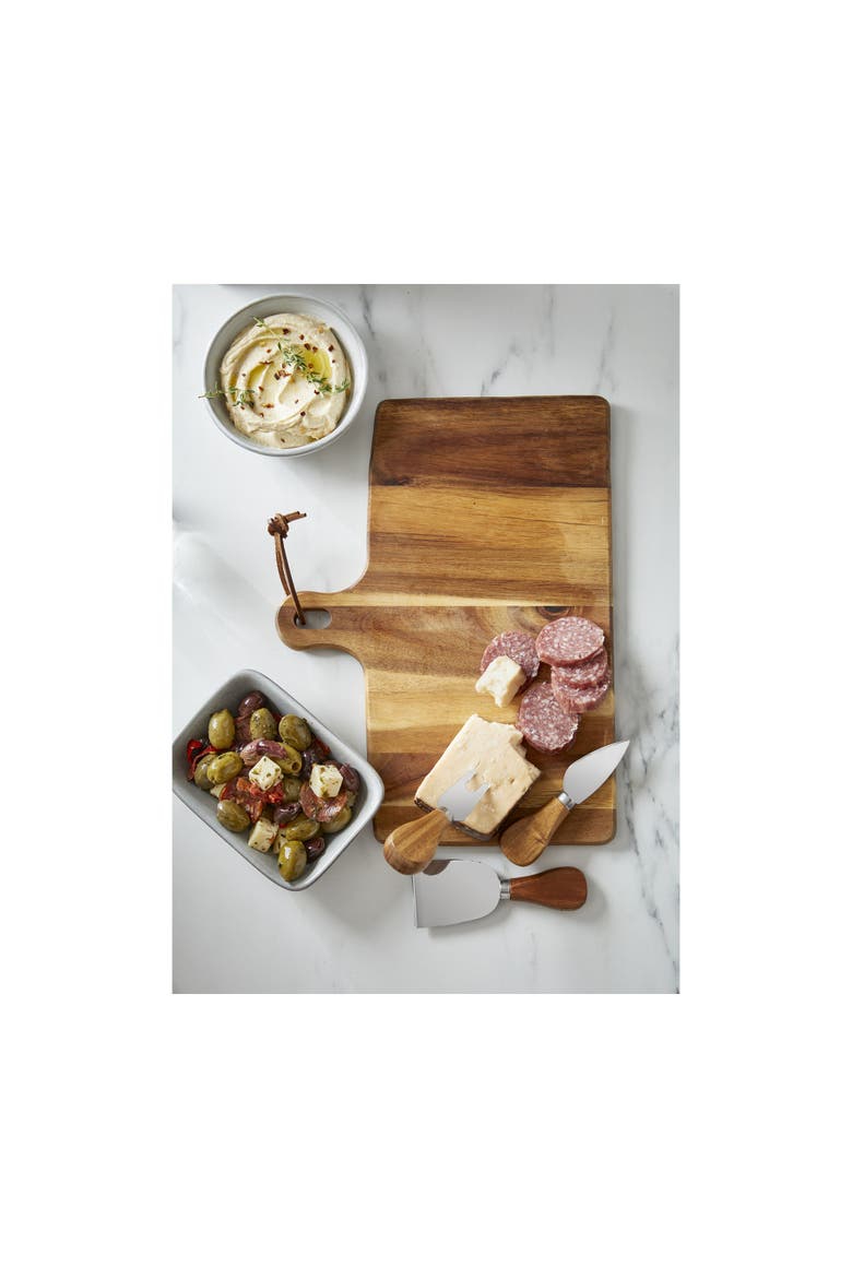 Long Acacia Wood Cheese Board Set with Stainless Steel Utensils, Alternate, color, Beige