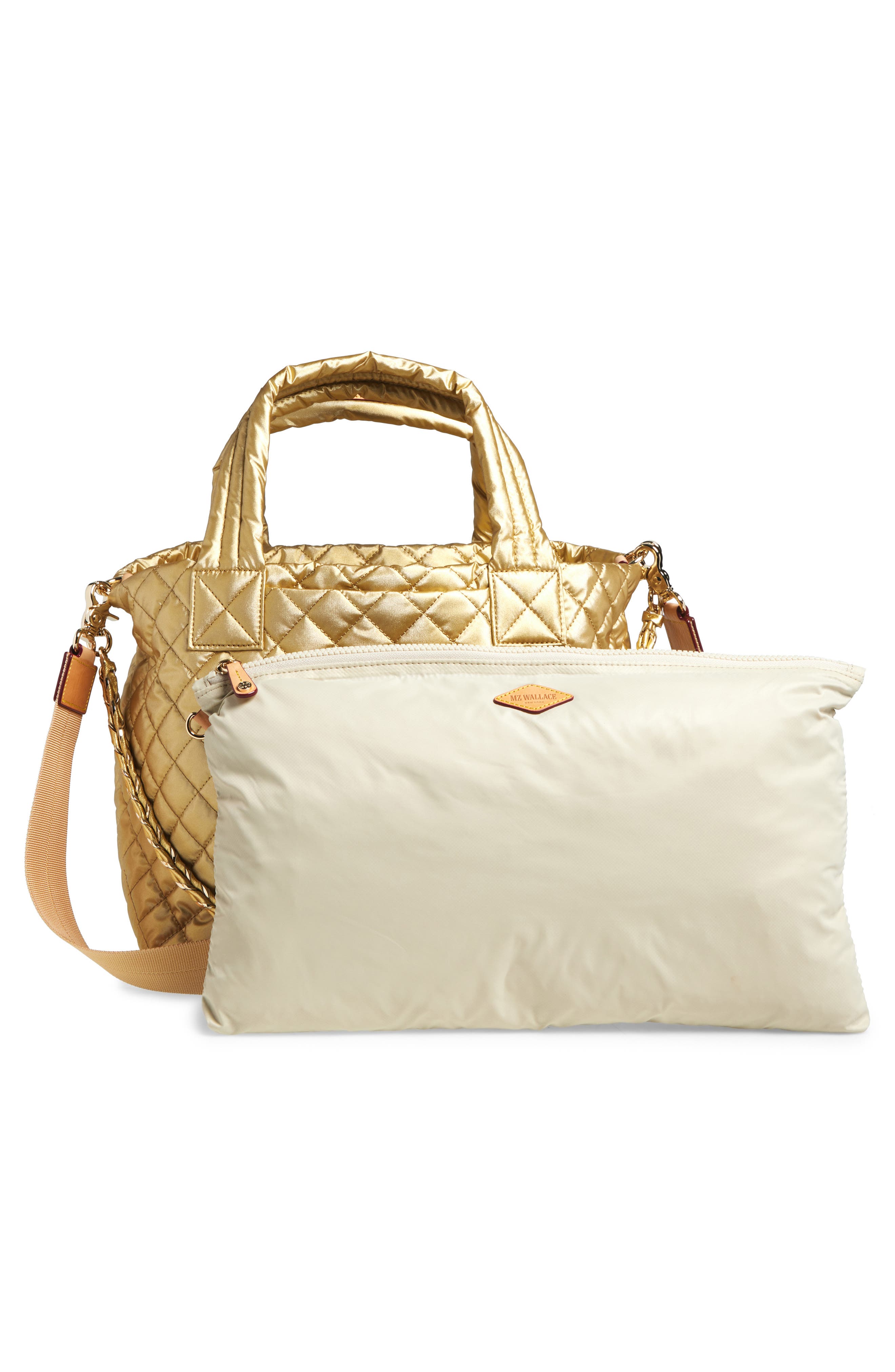 MZ Wallace Small Metro Deluxe Quilted Metallic Nylon Tote, Alternate, color, Light Gold Pearl Metallic
