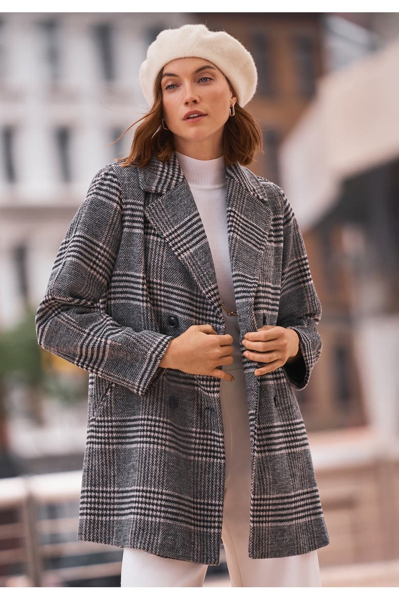 A-Line Wool Peacoat, Alternate, color, BLACK KHAKI PLAID