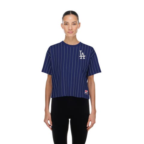 Women's New Era  Royal Los Angeles Dodgers Throwback Meshback Pinstripe Boxy T-Shirt