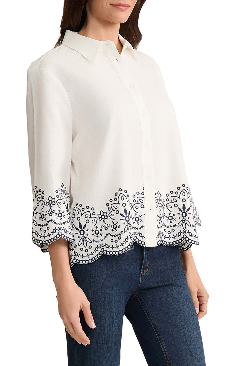 Jones New York Embroidered Linen Blend Shirt, Alternate, color, Natural White/ Pacific Navy