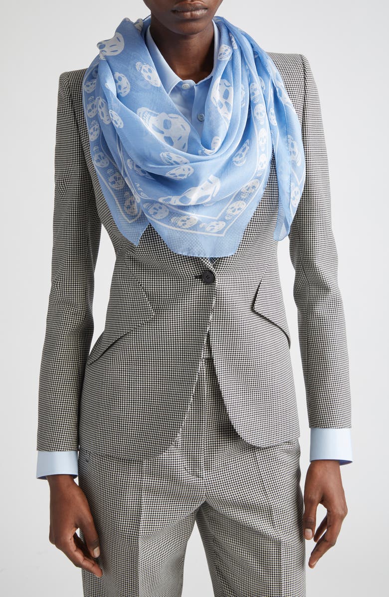 McQueen Skull Print Silk Scarf, Alternate, color, 4878 Print Blue/ Ivory