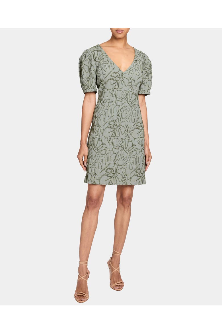 Bianca A-Line Shift Dress with Puff Sleeves in Abstract Stretch Cotton Cloque, Main, color, ALOE