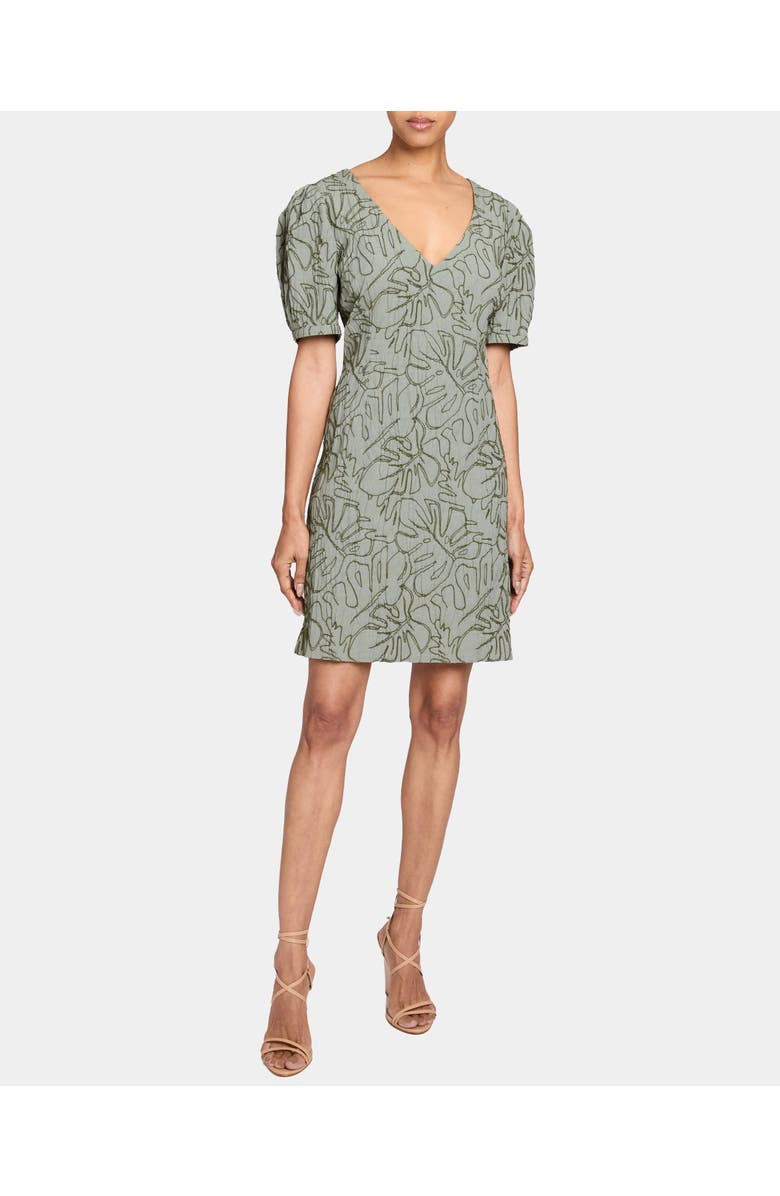 Santorelli Bianca A-Line Shift Dress with Puff Sleeves in Abstract Stretch Cotton Cloque, Main, color, Aloe