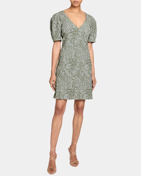 Bianca A-Line Shift Dress with Puff Sleeves in Abstract Stretch Cotton Cloque