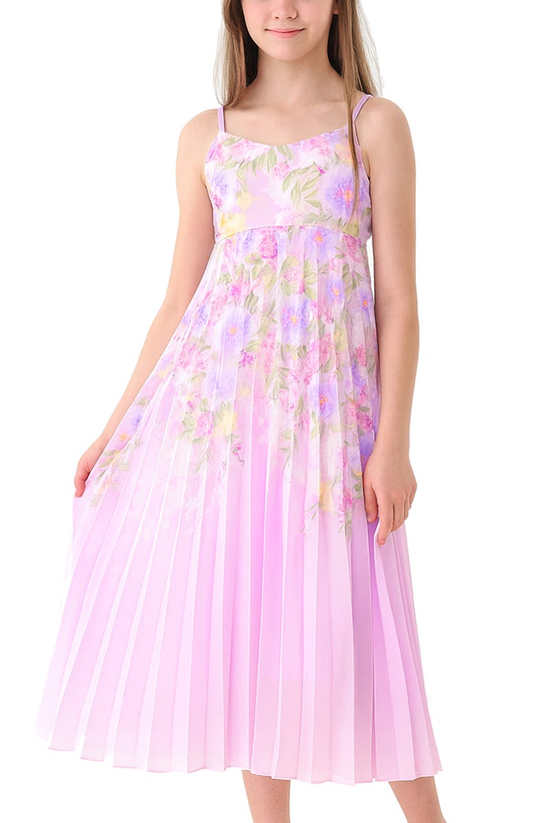 Zunie Kids' Floral Pleated Chiffon Dress, Alternate, color, Orchid Multi
