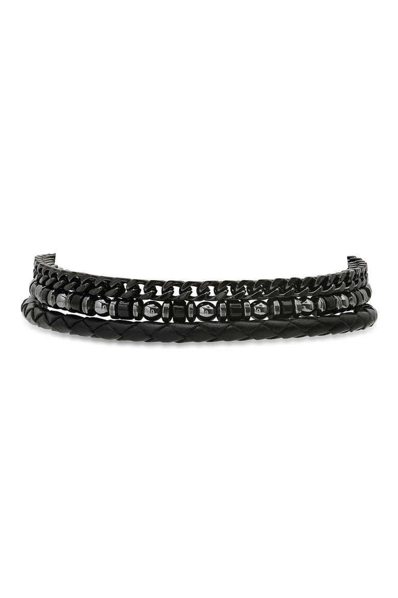 Men's Set of 3 Assorted Hematite, Chain & Leather Bracelets, Main, color, BLACK