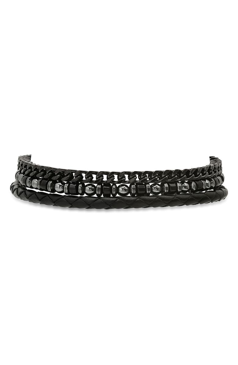 HMY JEWELRY Men's Set of 3 Assorted Hematite, Chain & Leather Bracelets, Main, color, Black