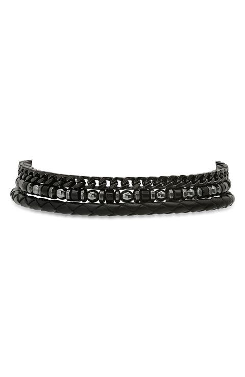 Men's Set of 3 Assorted Hematite, Chain & Leather Bracelets