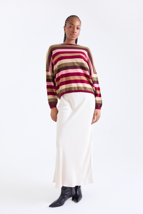 Brodie Pure Cashmere Stripe Up Crew Neck 100% Cashmere Sweater In Brown