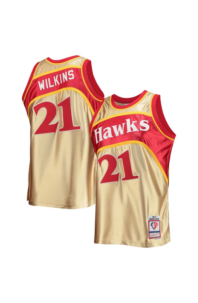 Mitchell & Ness Men's Mitchell & Ness Dominique Wilkins Gold Atlanta Hawks 75th Anniversary 1986/87 Hardwood Classics Swingman Jersey, Main, color, 