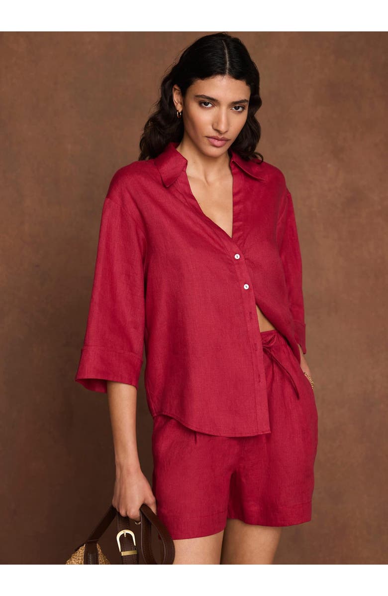 MINT VELVET Linen Short Sleeve Resort Shirt, Alternate, color, Red