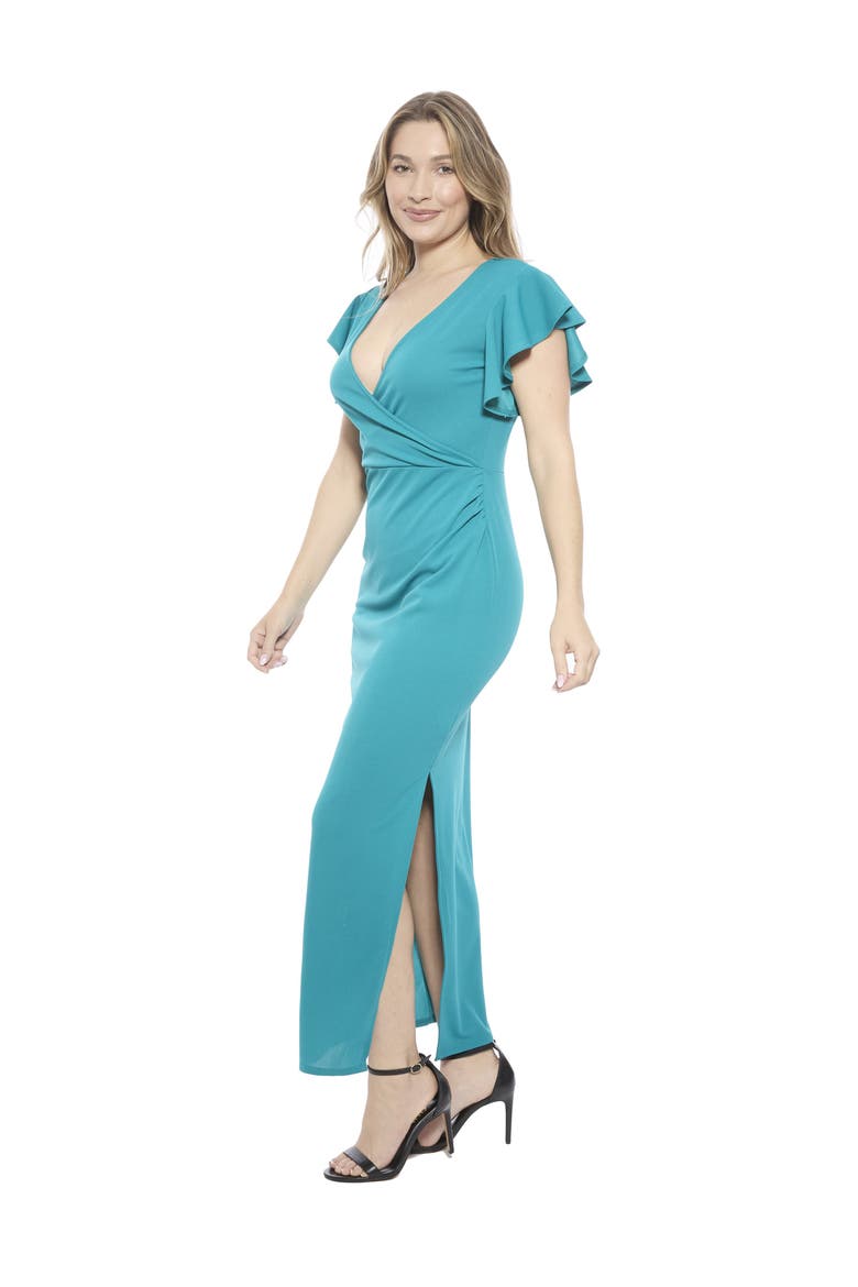 Womens V-Neck Tulip Hem Ruffle Sleeve Faux Wrap Maxi Dress, Alternate, color, Jade