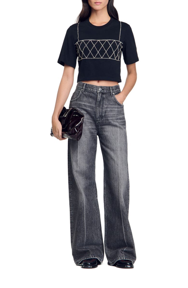 SANDRO Rhinestone cropped T-shirt, Alternate, color, 