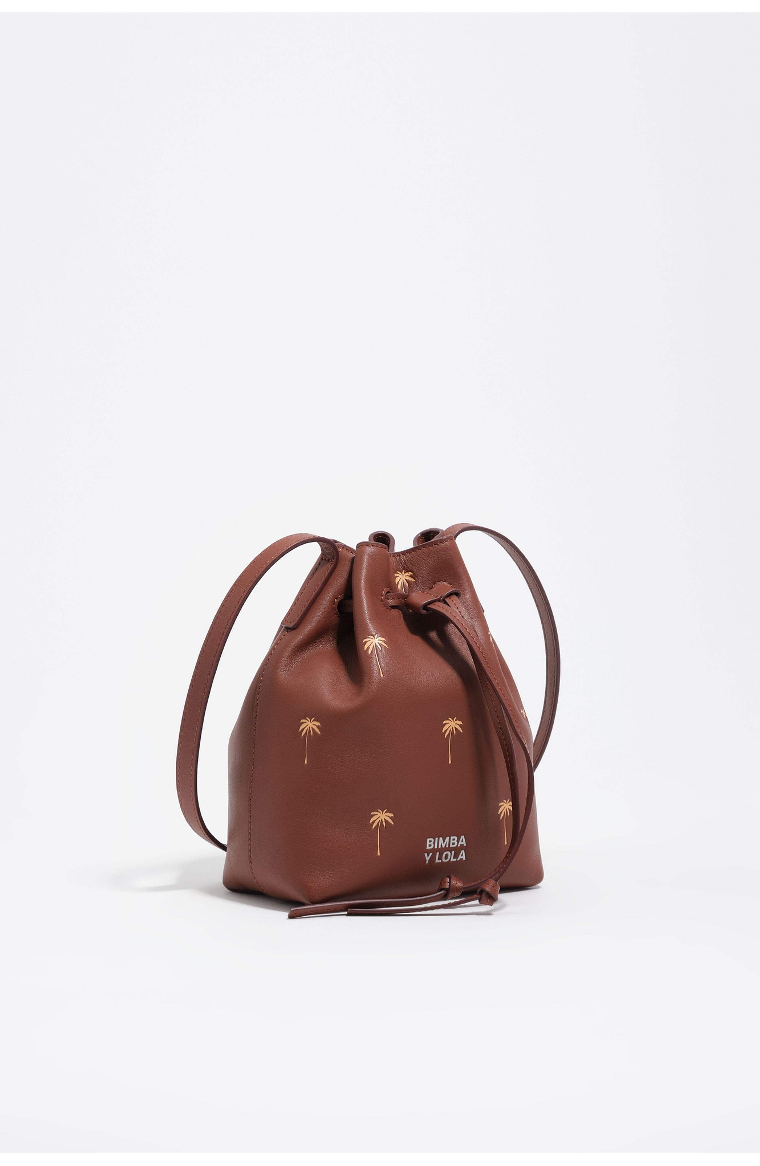 Bimba y Lola Small Palms print leather Carlino bucket bag, Main, color, Nut