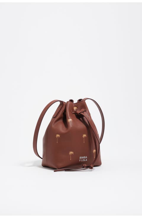 Small Palms print leather Carlino bucket bag